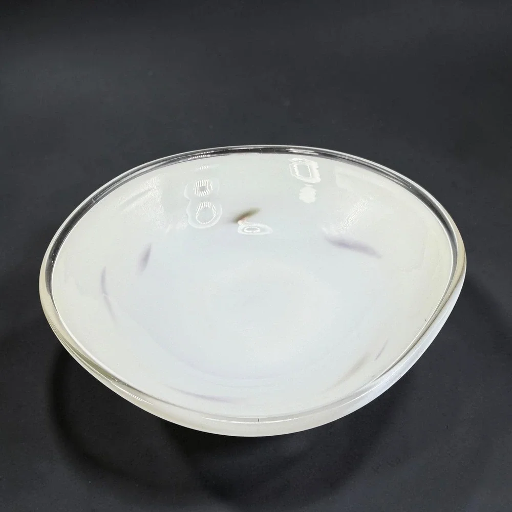 Vintage 1980s Venetian Blown Glass Dish Bowl White with Red Purple Swirls 6 Inch